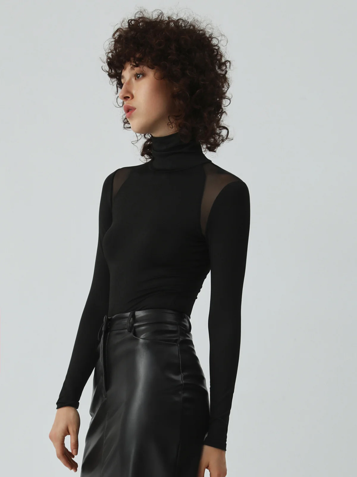 Patchwork Mesh Turtleneck Long Sleeve Bodysuit - Takermore