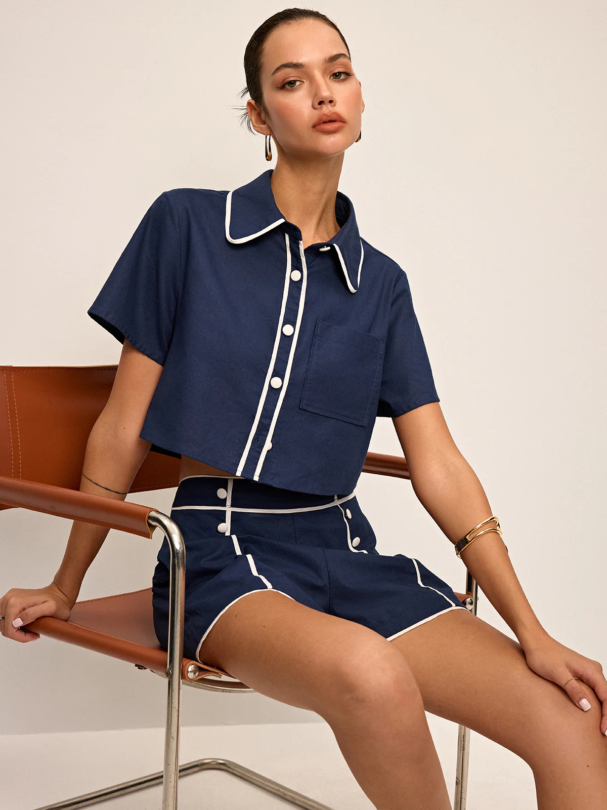 Contrast Piping Crop Shirt and Shorts Set - Takermore