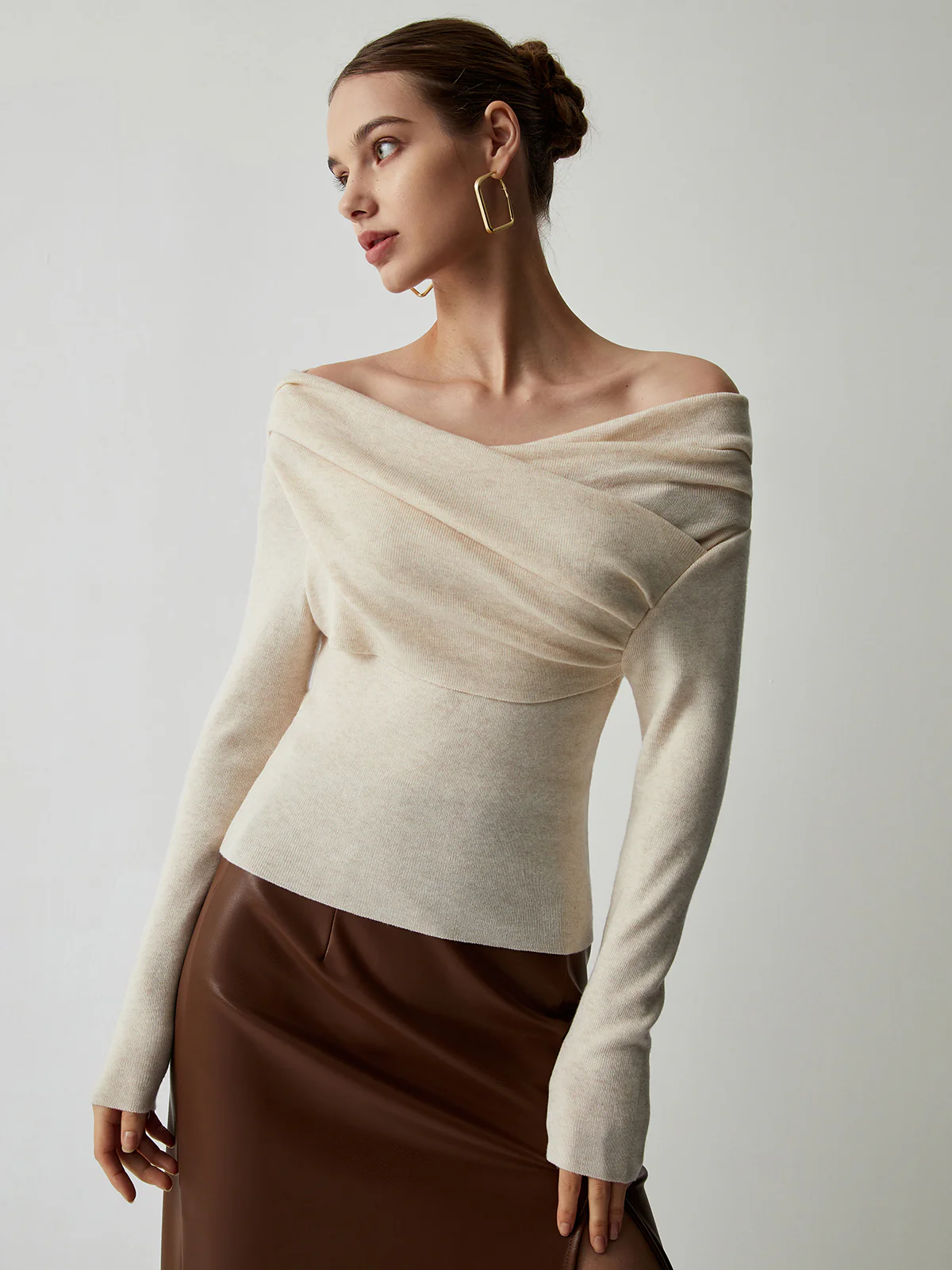 Off Shoulder Wrap Long Sleeve Knit Top - Takermore