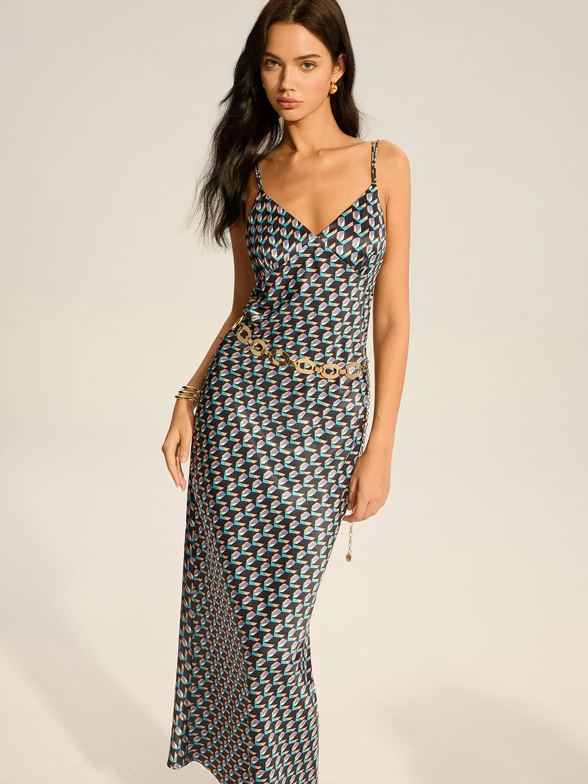 Vintage Print Spaghetti Strap Maxi Dress - Takermore