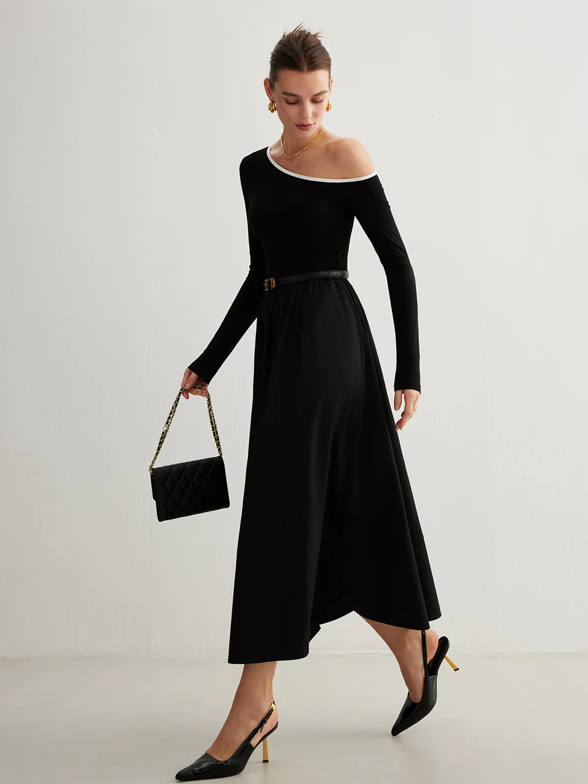 Cold-Shoulder Pockets Panel Dress Without Belt - Takermore