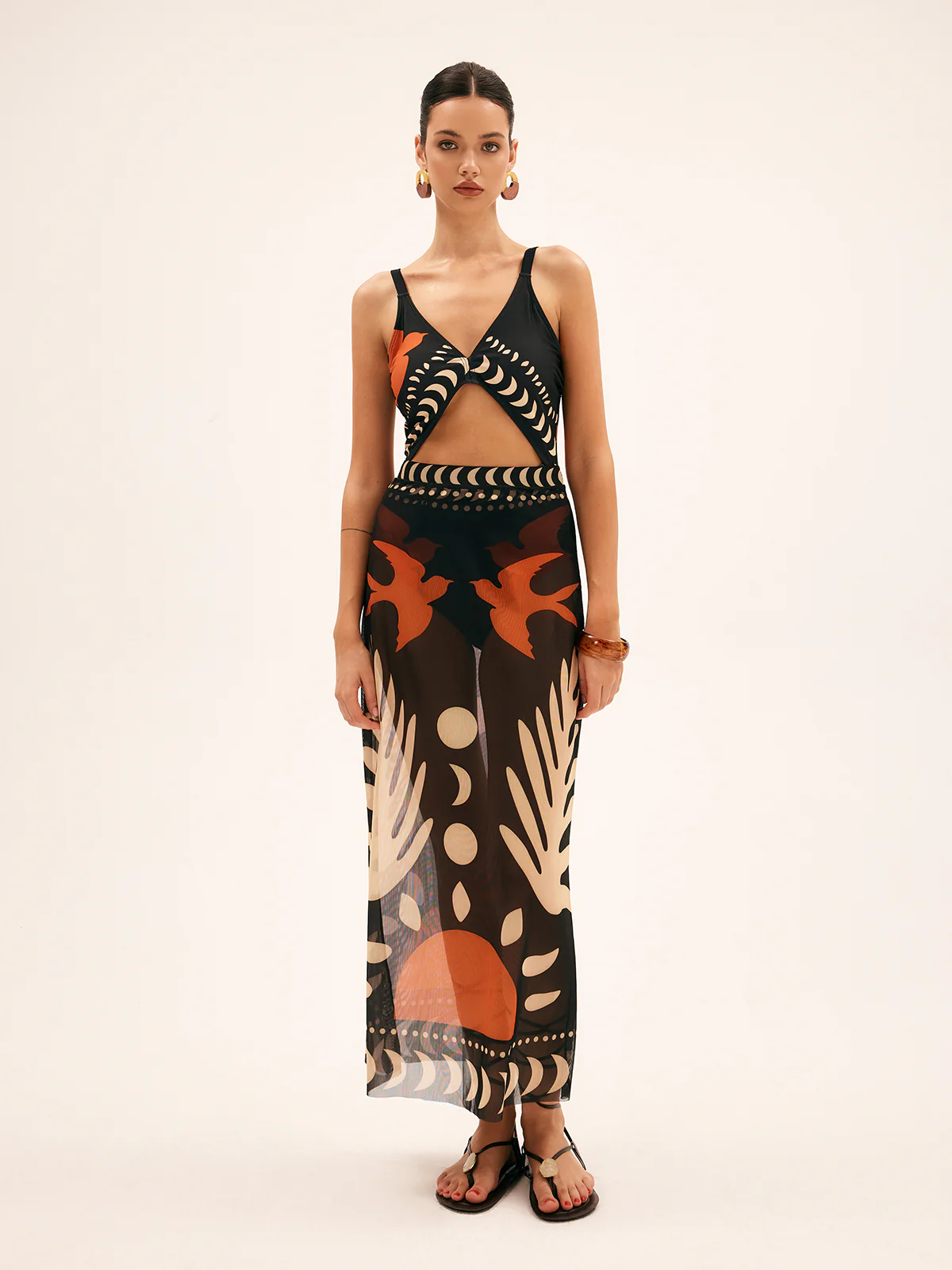 Bird Print Mesh Cover Up Maxi Skirt - Takermore