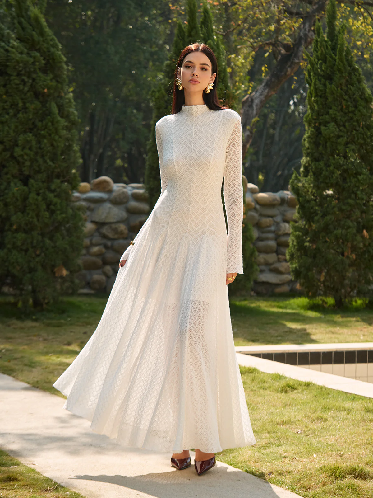 Semi-Sheer Mock Neck Lace Flowy Long Dress - Takermore