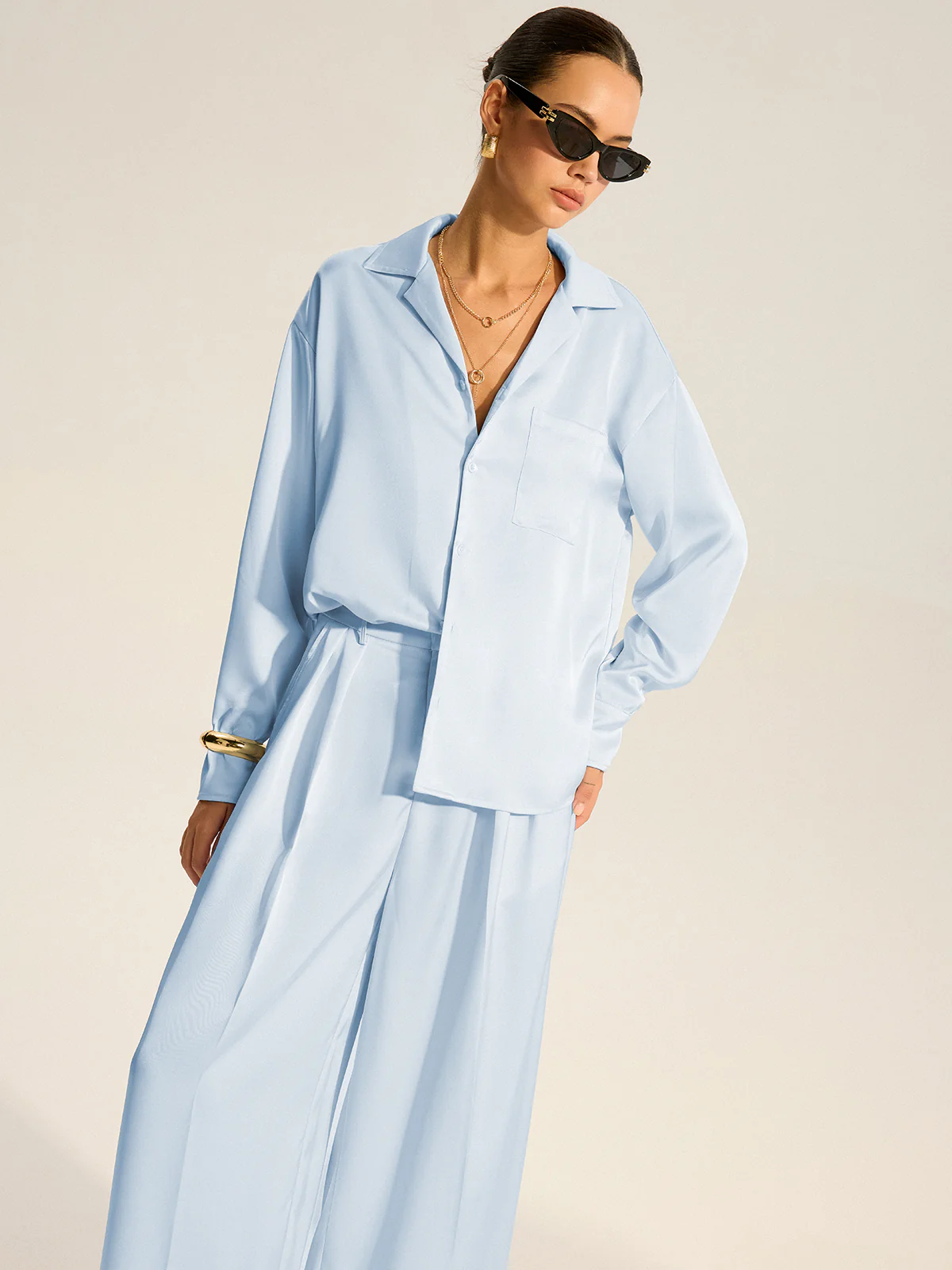 Oversized Pocket Satin Shirt and Pleated Pants Set - Takermore