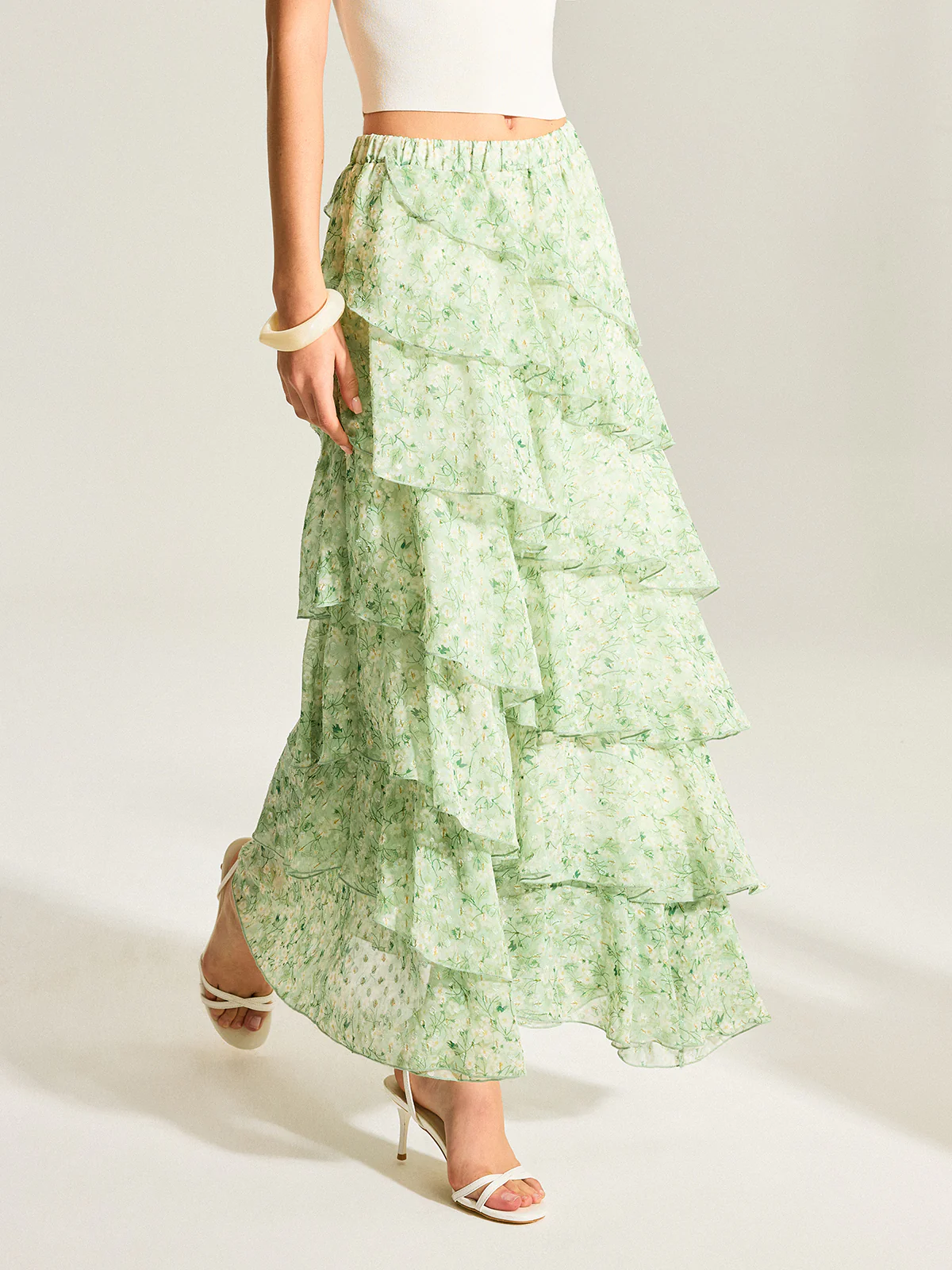 Semi-Sheer Golden Polka Dot Chiffon Tiered Skirt - Takermore