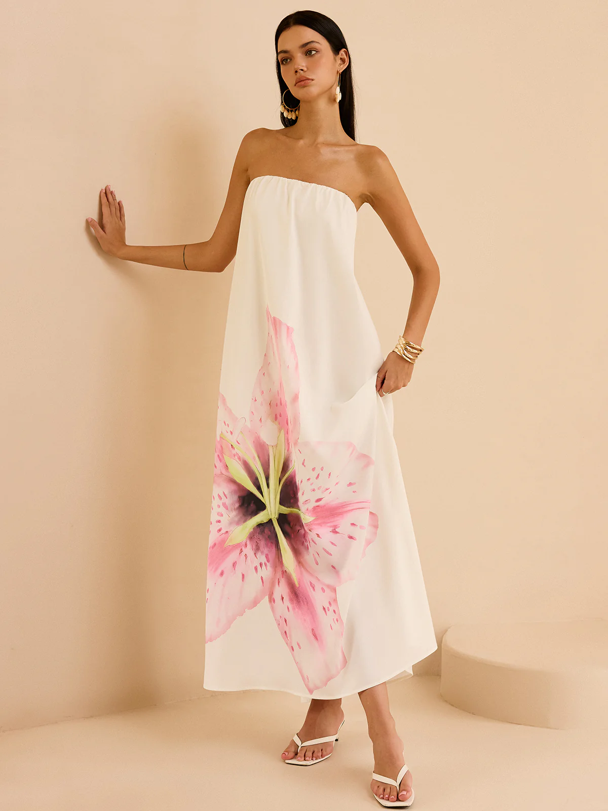 Strapless Floral Print Maxi Dress - Takermore