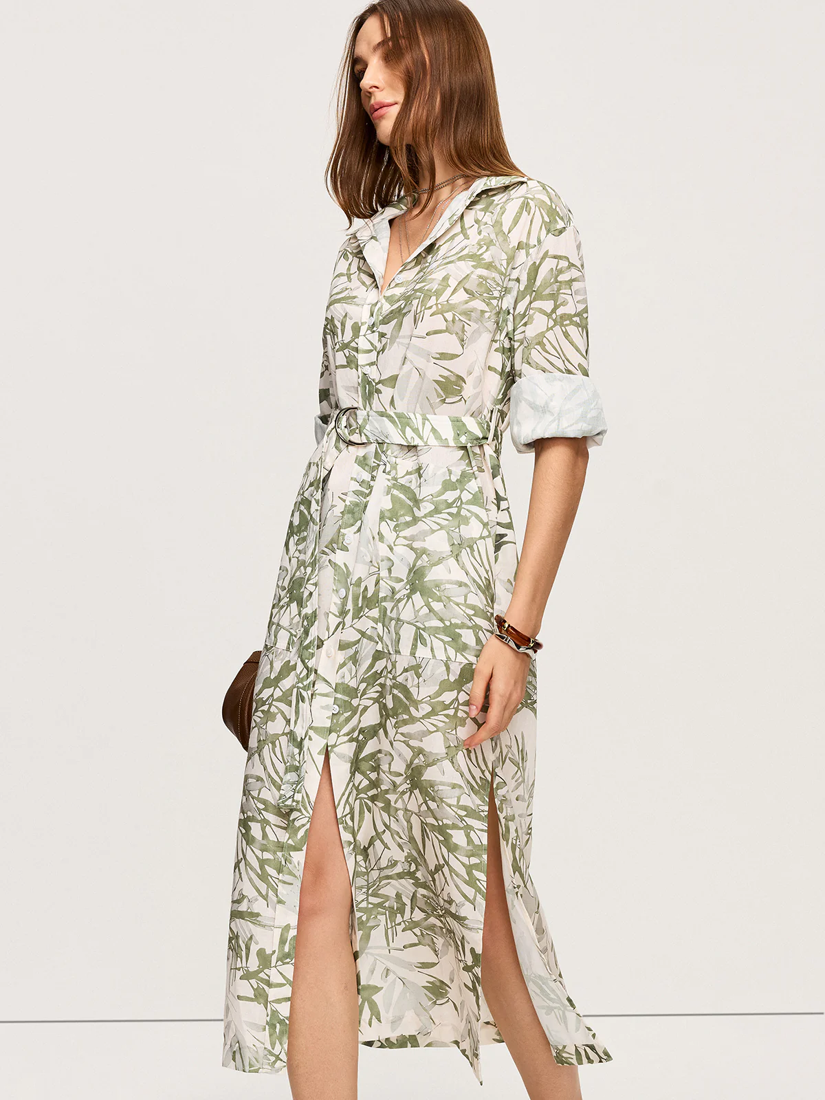 Leaf Printed  Belted Midi Dress with Slits - Takermore