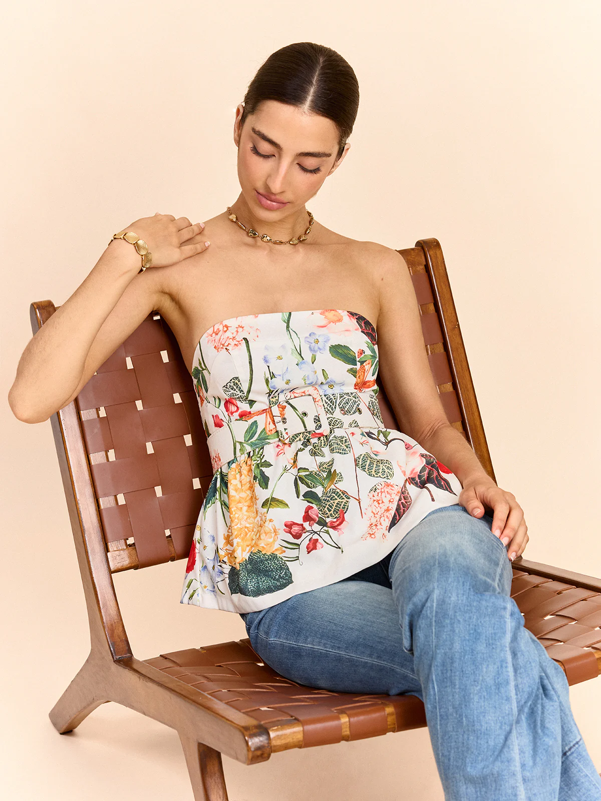 Floral Print Strapless Peplum Top With Belt - Takermore