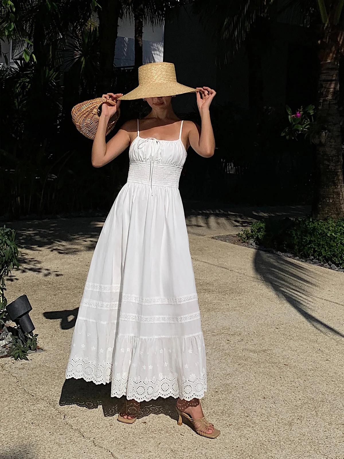 Embroidery Shift Shirred Long Dress - Takermore