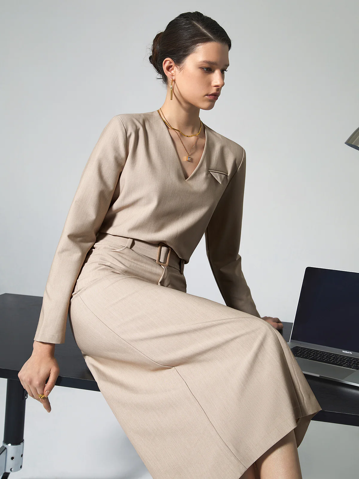 Solid V-neck Belted Two Piece Skirt Set - Takermore