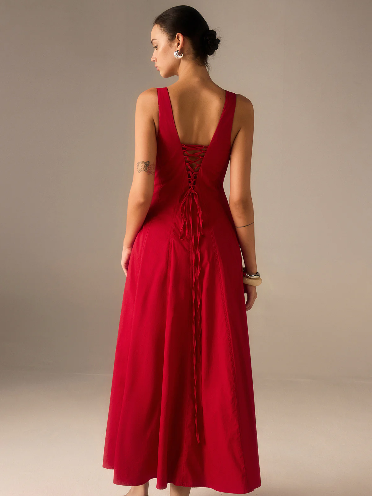 Cotton Maxi Dress with Lace-Up Back - Takermore