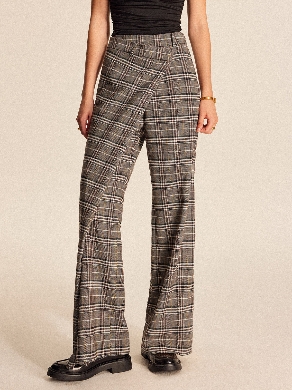 Plaid Asymmetrical Detail Mid Waist Pants - Takermore