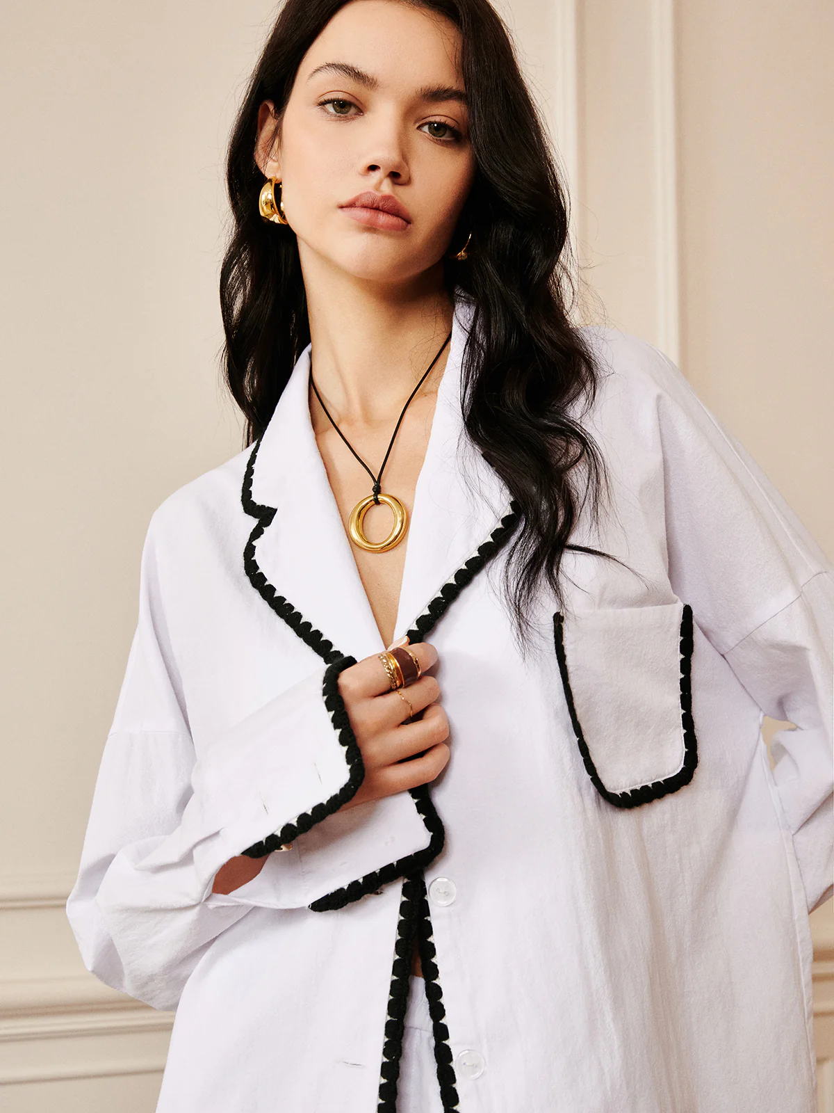 Pure Cotton Contrast Trim Lapel Shirt - Takermore