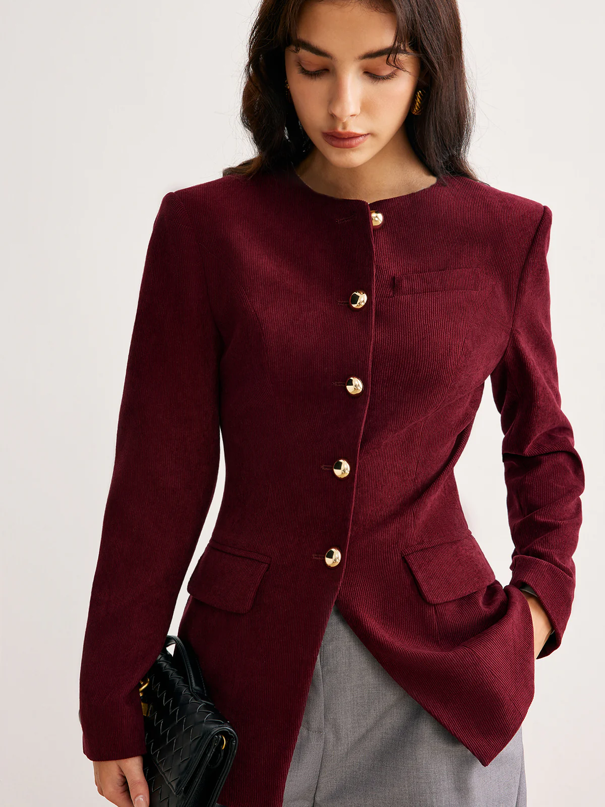 Round Neck Button Corduroy Blazer - Takermore