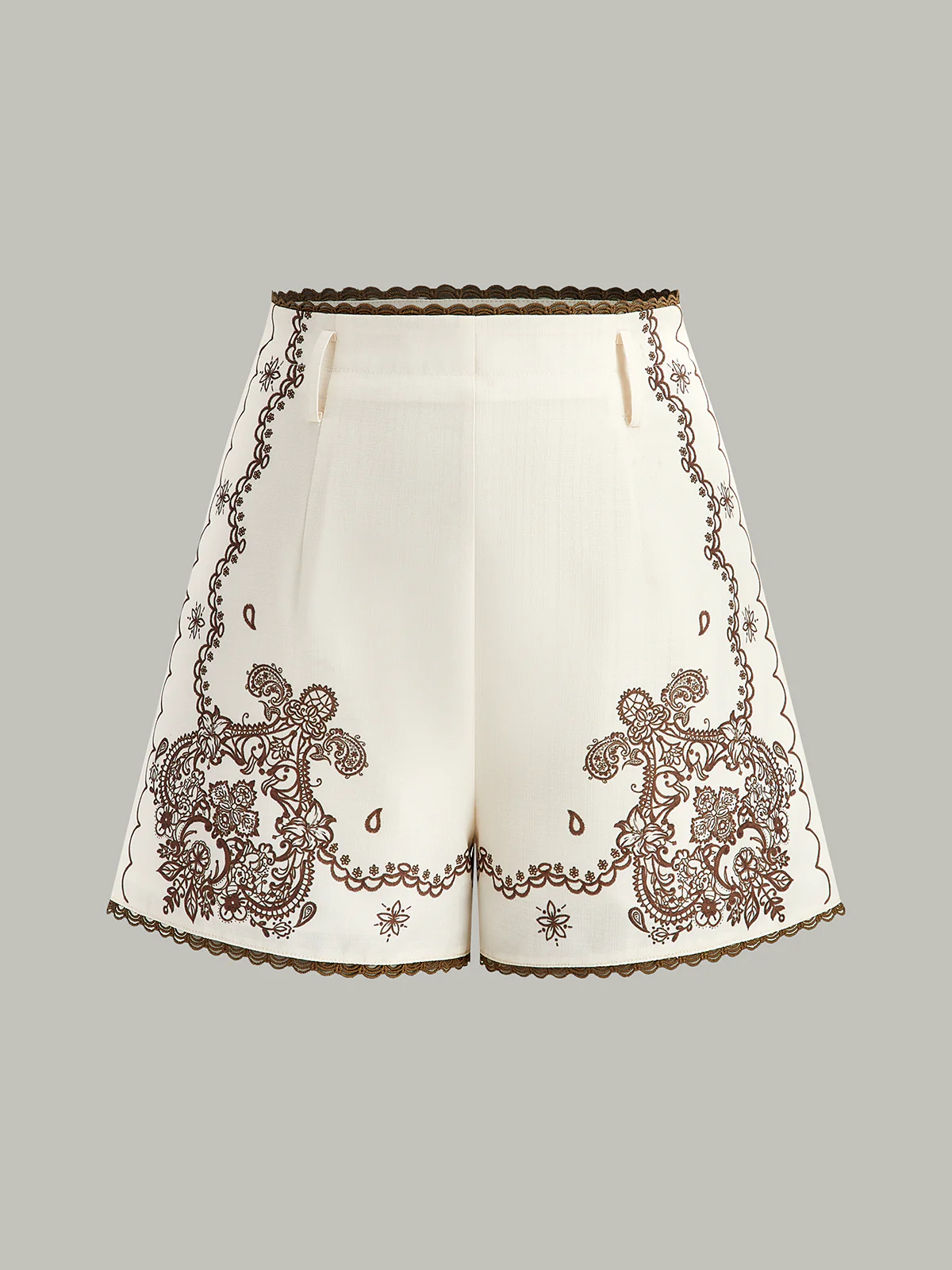 Floral Printed Suit Shorts with Lace Trims and Belt - Takermore