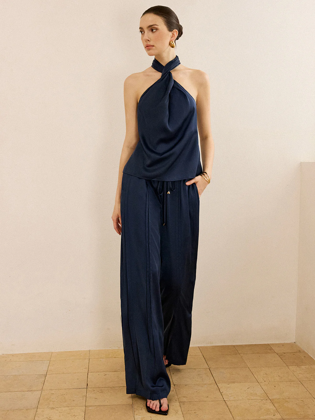 Satin Halter Neck Top and Wide-Leg Pants Set - Takermore
