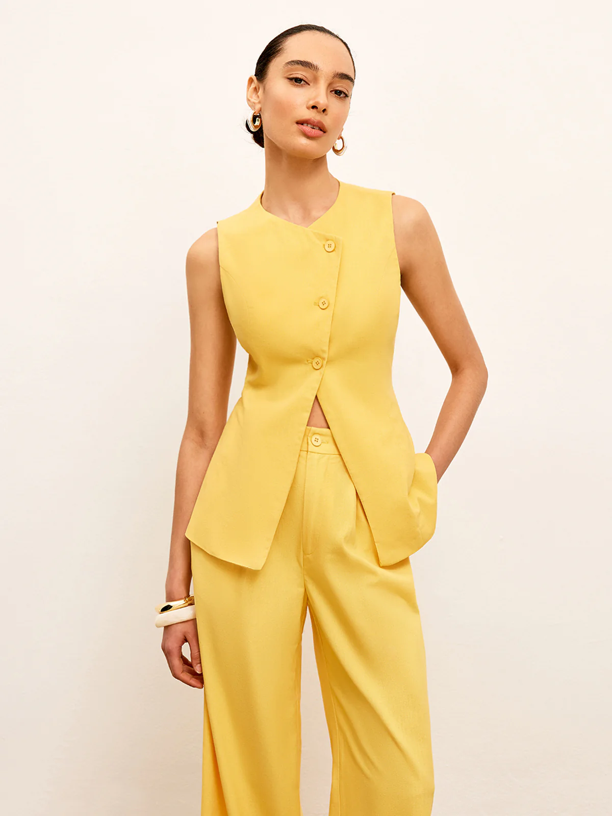 Linen & Cotton Asymmetrical Button Sleeveless Vest - Takermore