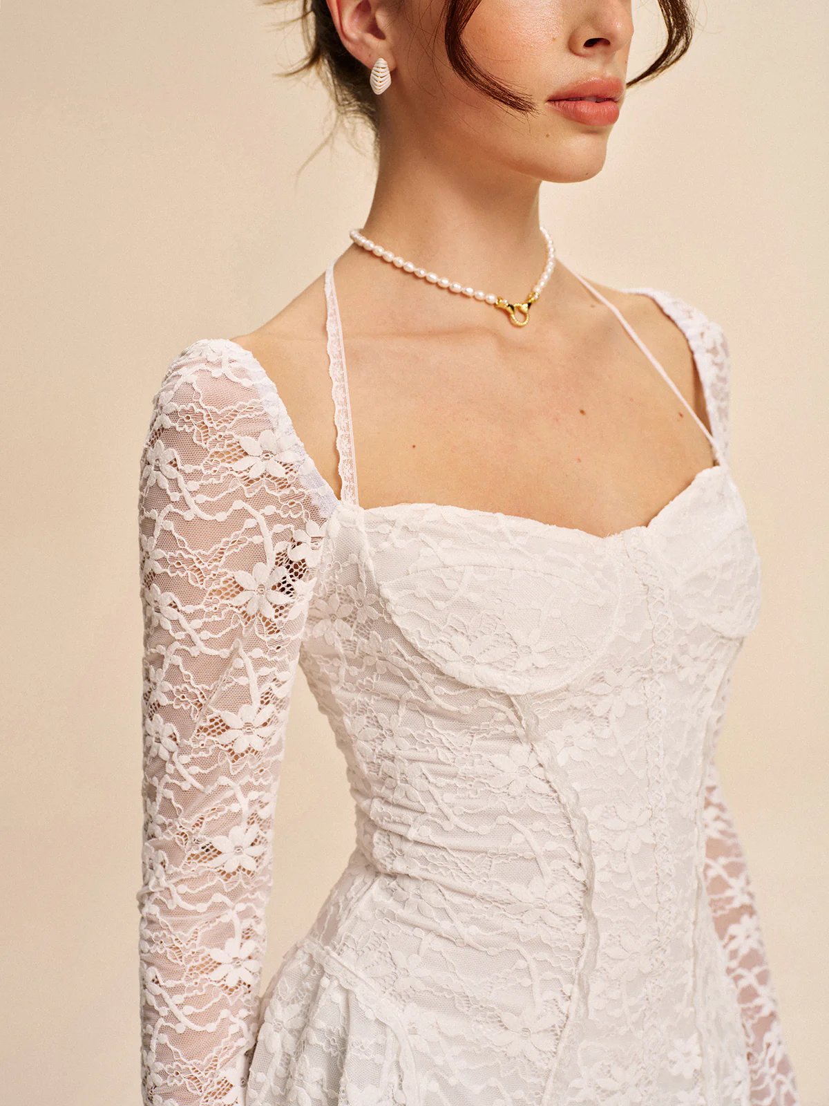Semi-Sheer Corset Lace Halter Dress - Takermore