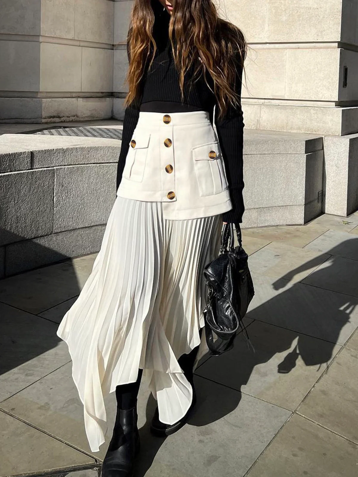 Patchwork Asymmetrical Pleated Buttoned Midi Skirt - Takermore