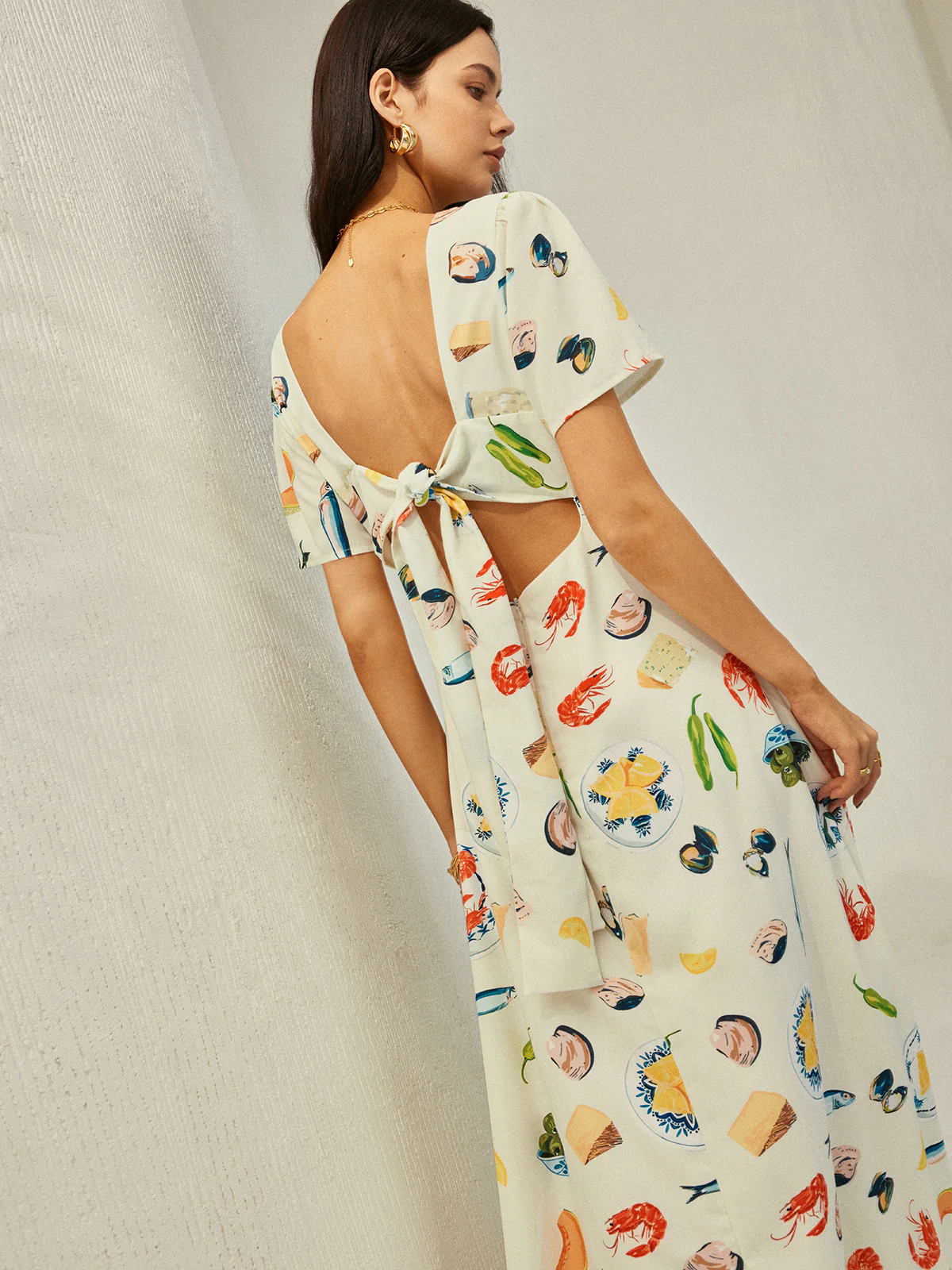 Backless Knotted Floral V-Neck Dress - Takermore