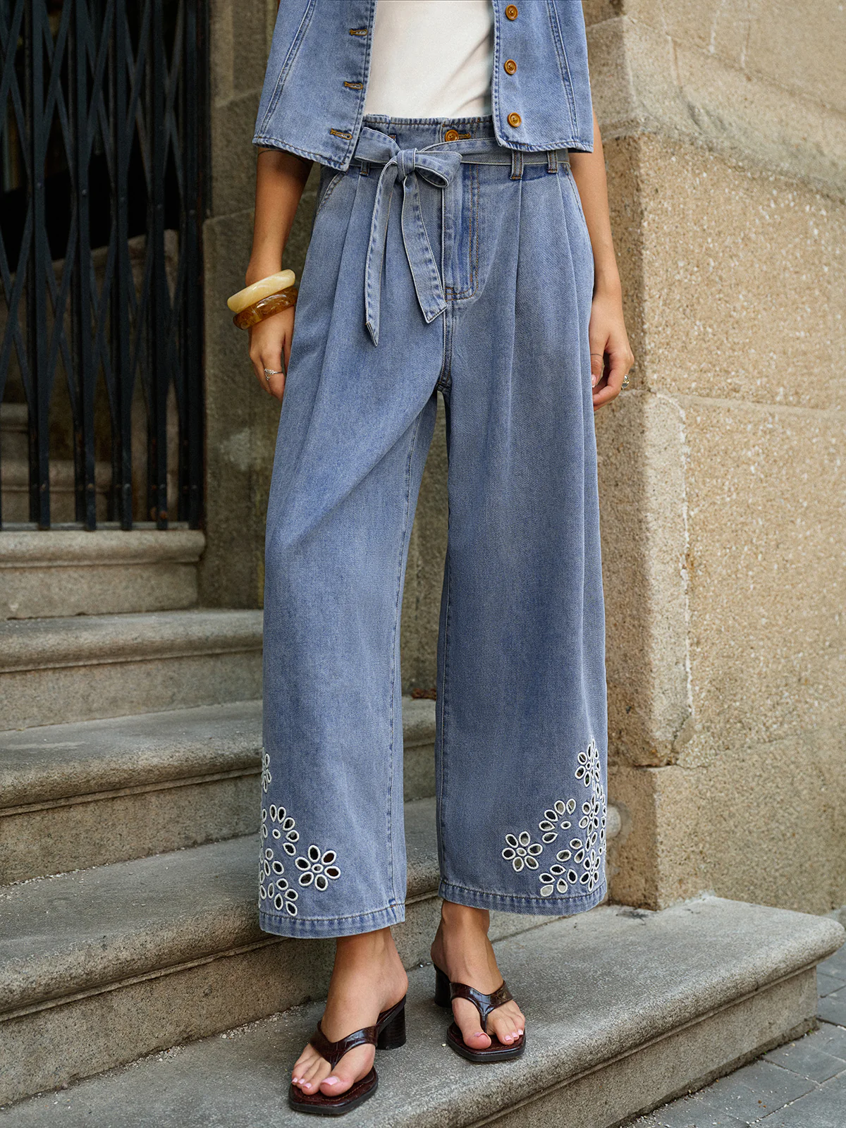 Denim Embroidery Tie-Waist Pants - Takermore