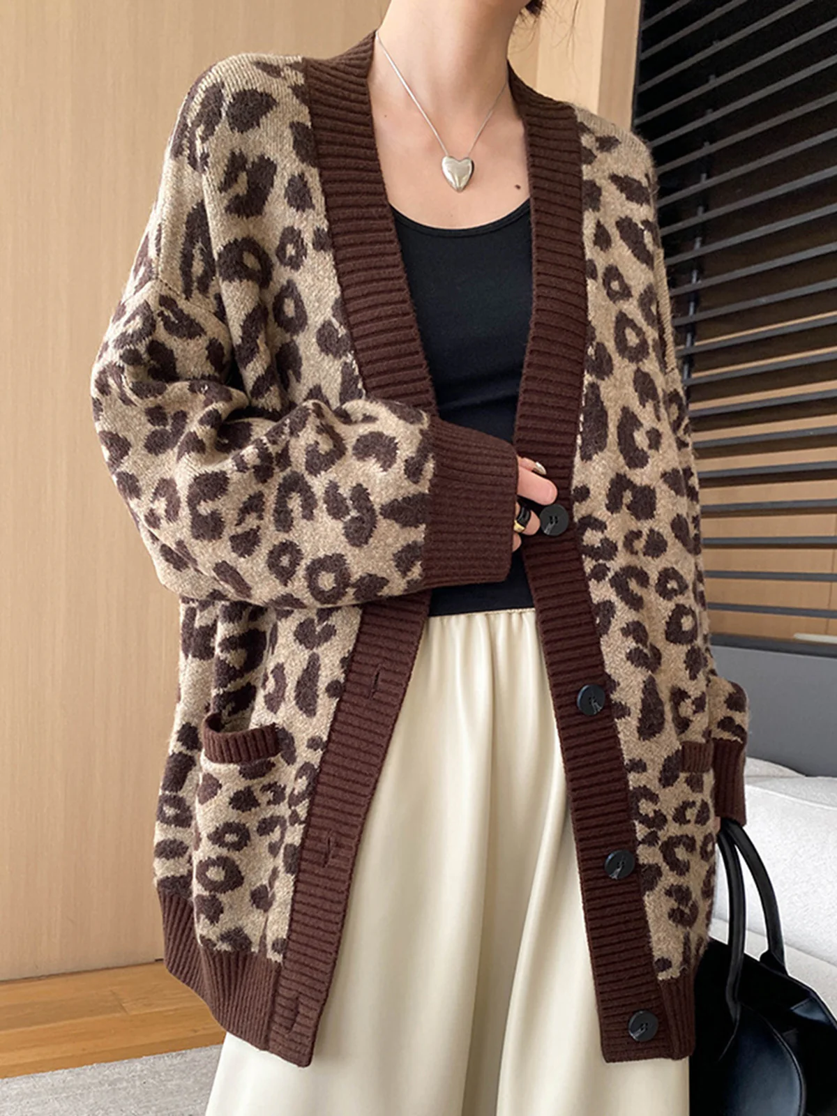 Leopard Contrast Trim Loose Cardigan - Takermore