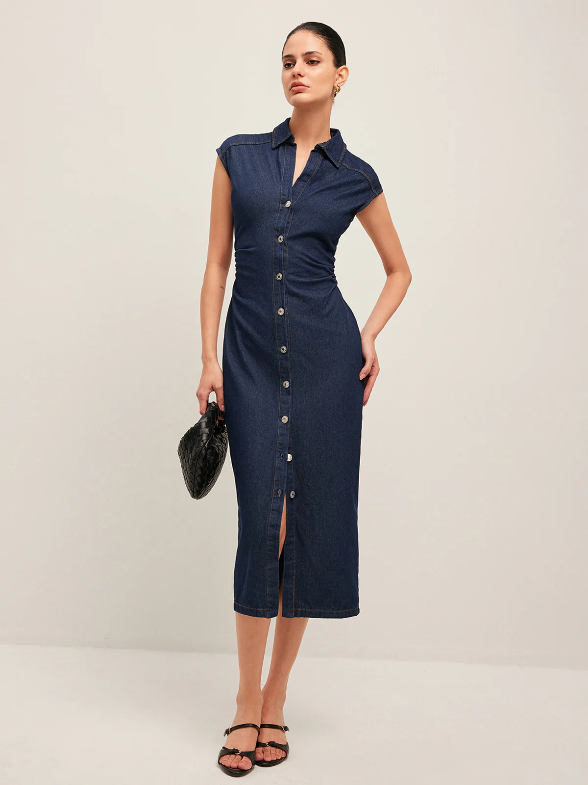 V-Neck Sleeveless Button Denim Dress - Takermore