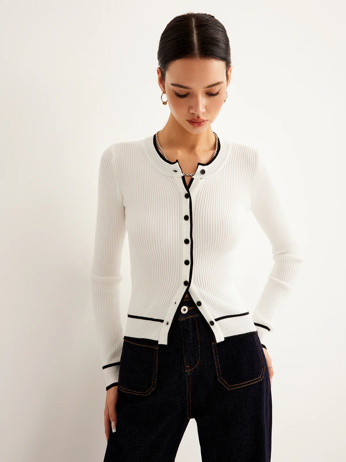 Contrast Binding Ribbed Button Cardigan - Takermore