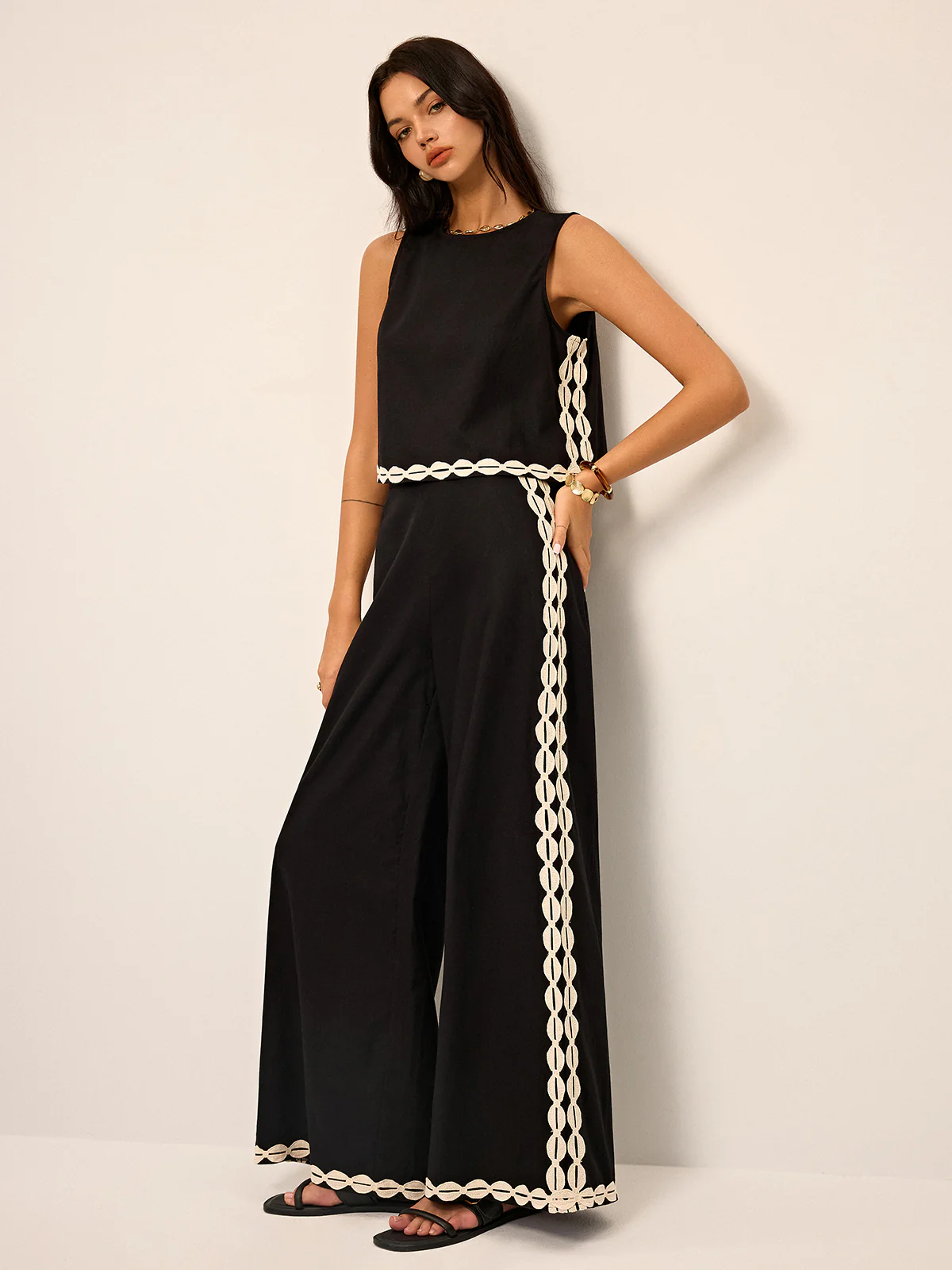 Cotton & Linen Contrast Trim Pants Set - Takermore