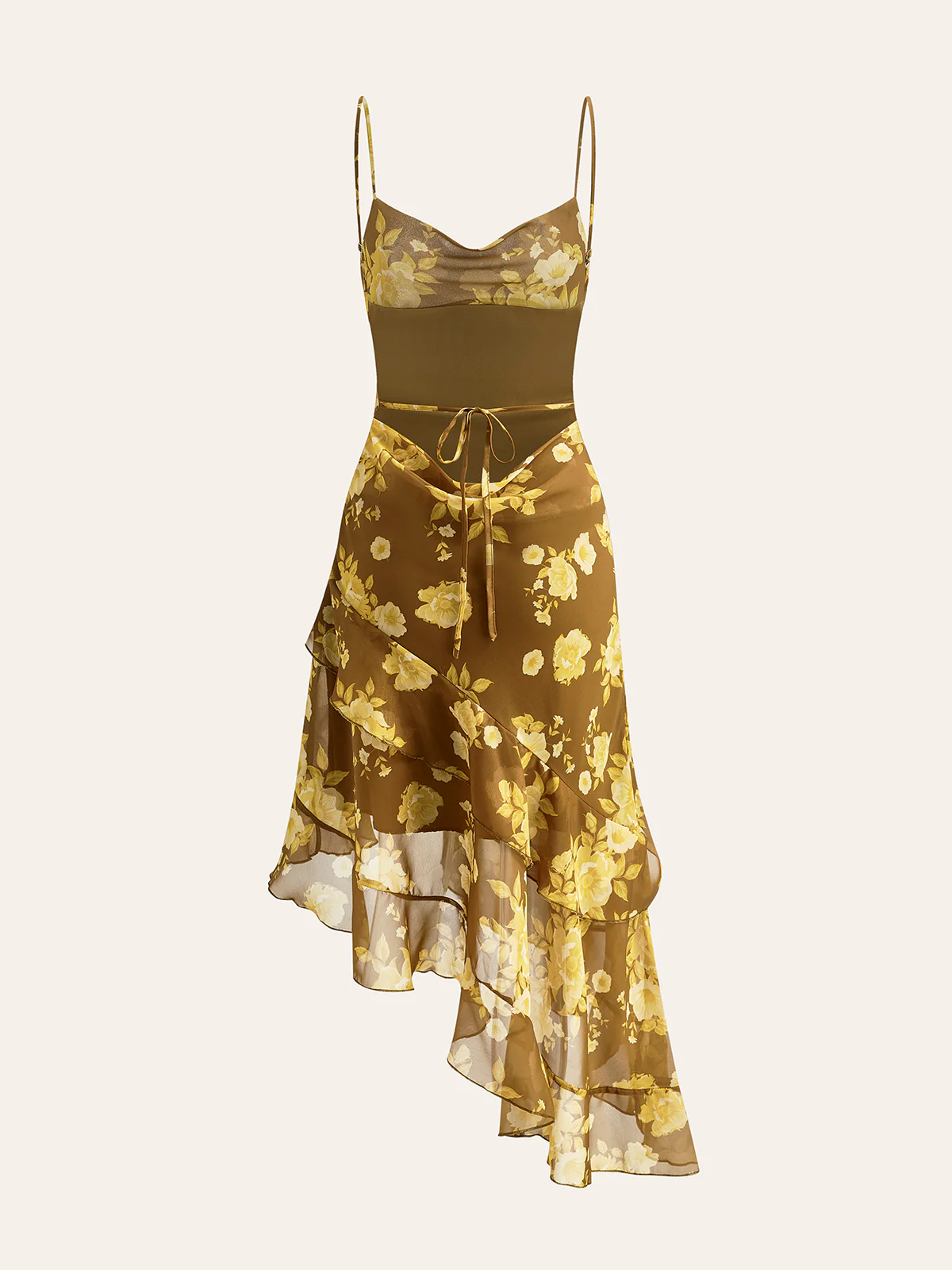 Floral Ruffle Hem Back Tie Cami Dres - Takermore