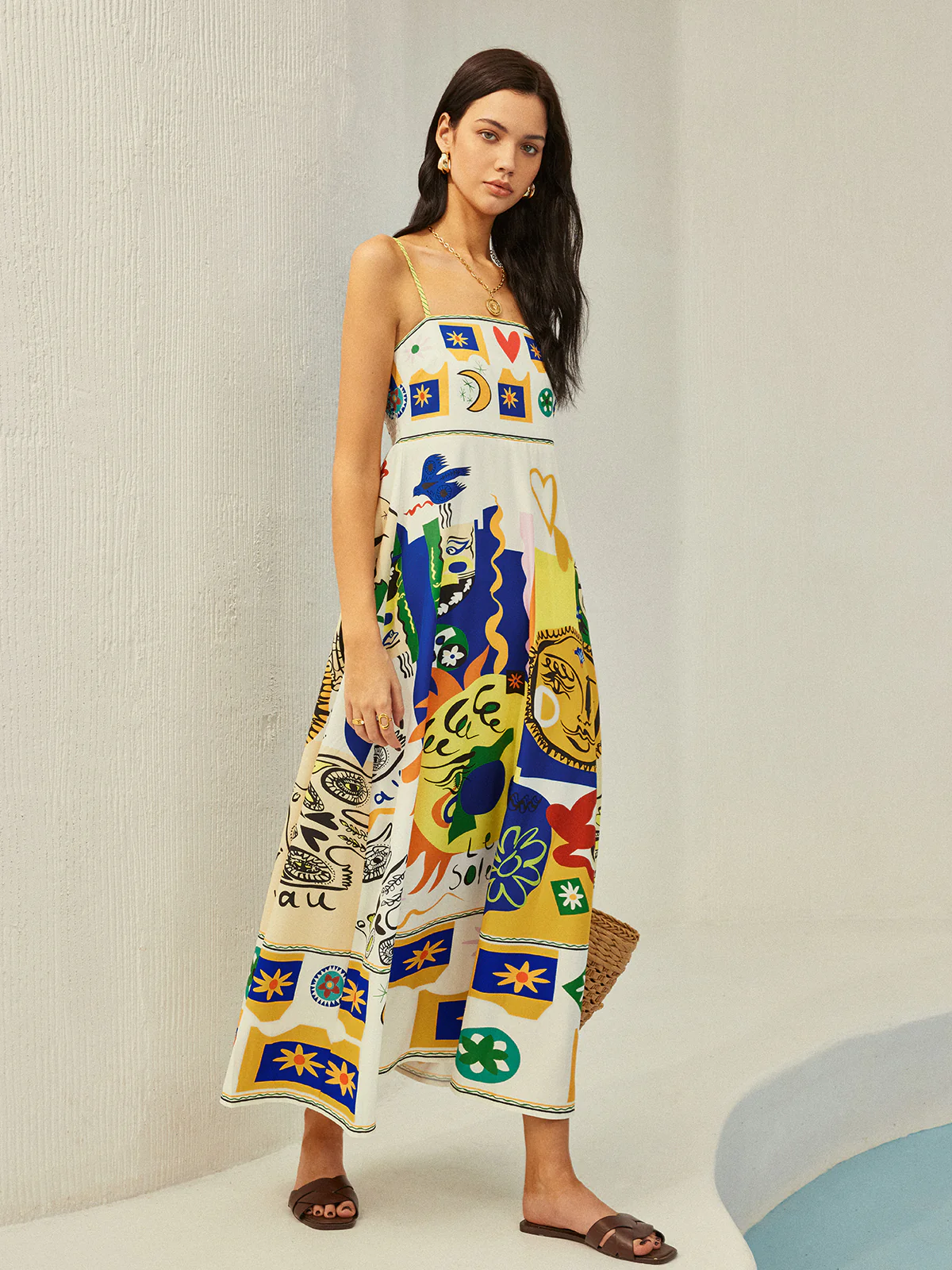 All Over Print Multi Color Cami Long Dress - Takermore