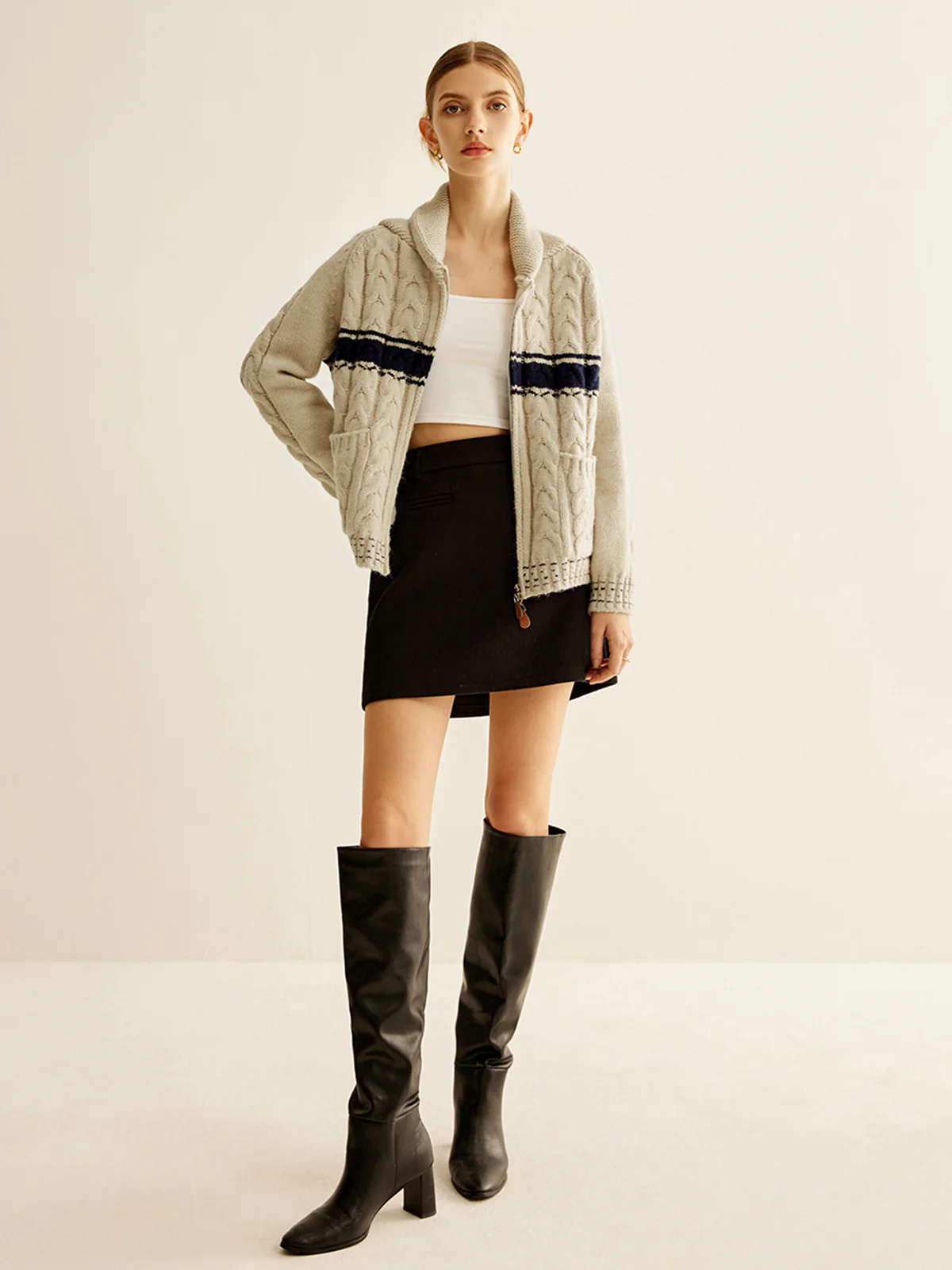 Color Block Twist Zipper Knit Outerwear - Takermore