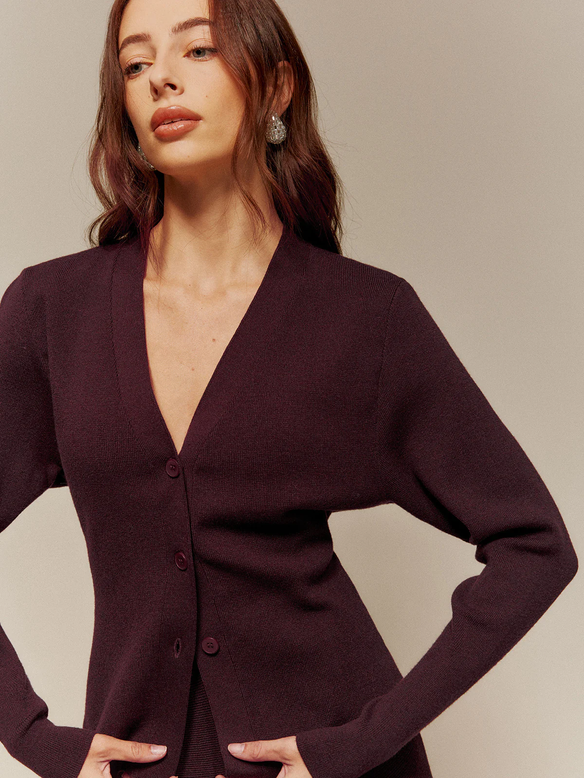 Wool-Blend V-Neck Button Cardigan - Takermore