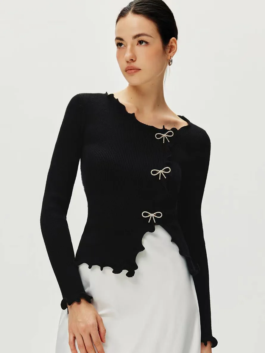 Rhinestone Bow Lettuce Trim Sweater - Takermore