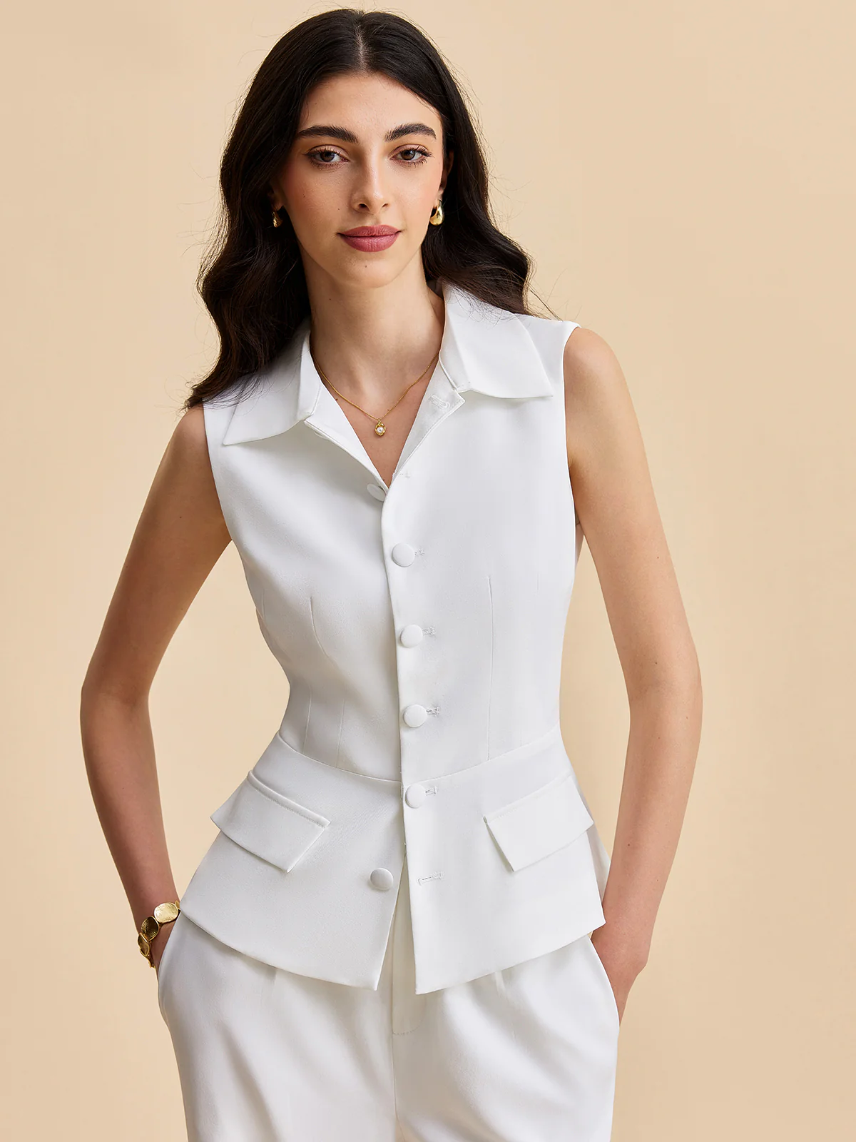 Pockets Buttoned Sleeveless Pants Set - Takermore