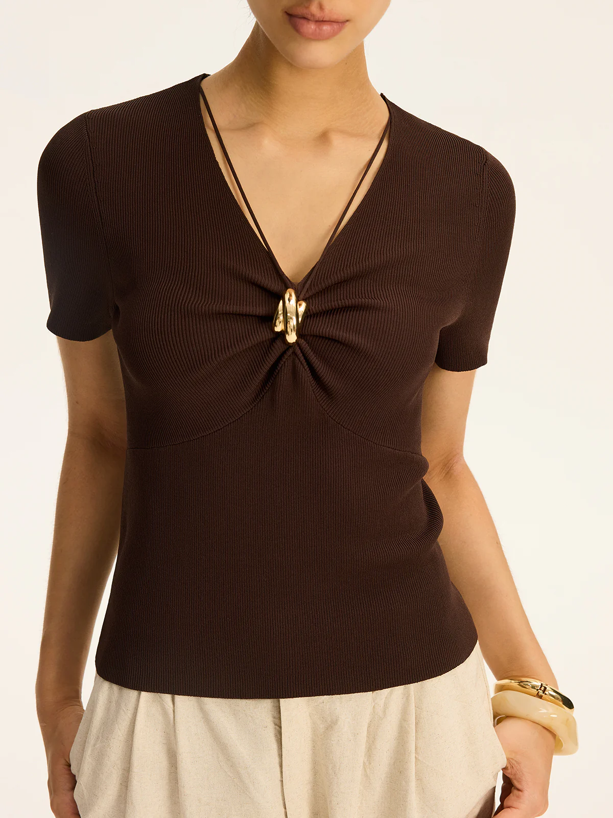 Metal Detail Ribbed Knit Top - Takermore