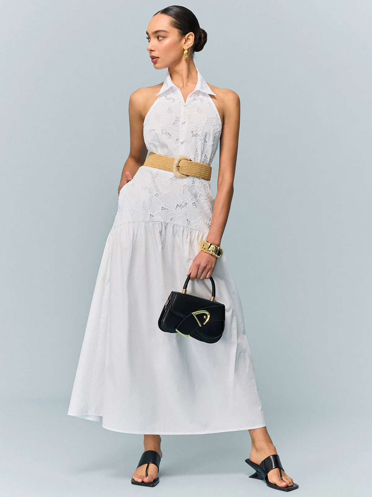 Pocketed Halter Neck Embroidered Dress with Non-Belted - Takermore