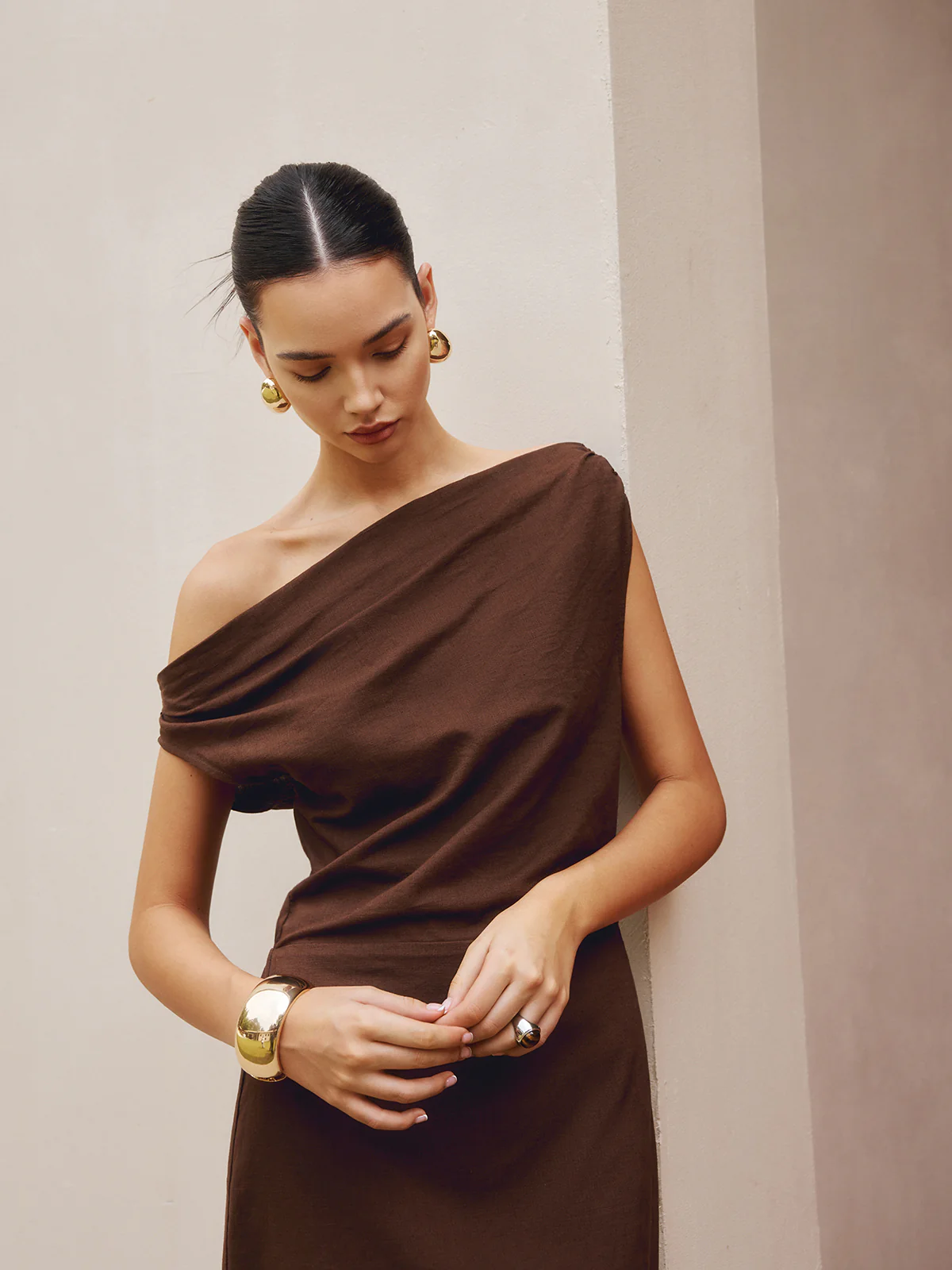 Cotton & Linen Asymmetrical Neck Dress - Takermore