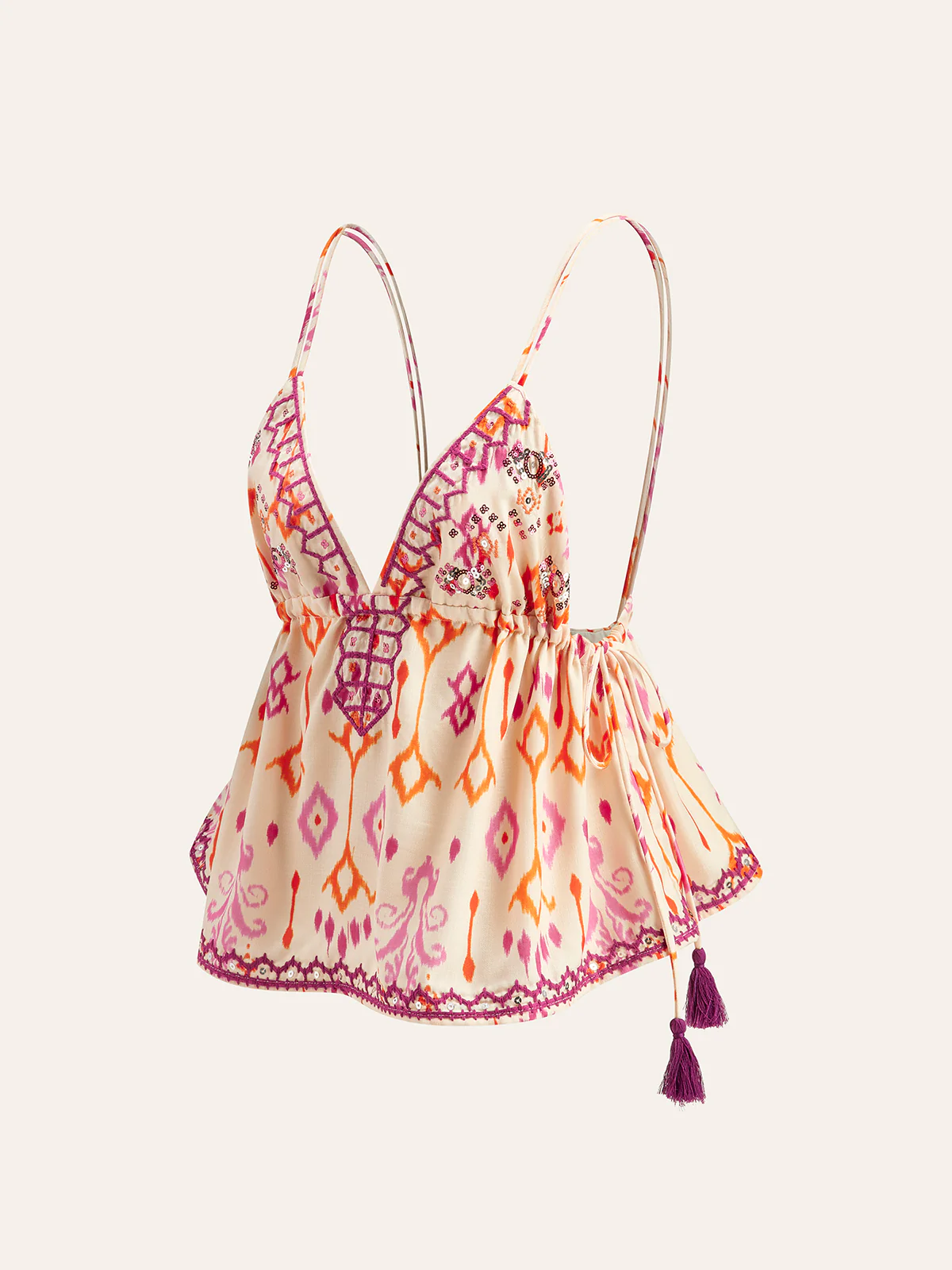 Embroidered Boho Tassel Tie Cami Top - Takermore