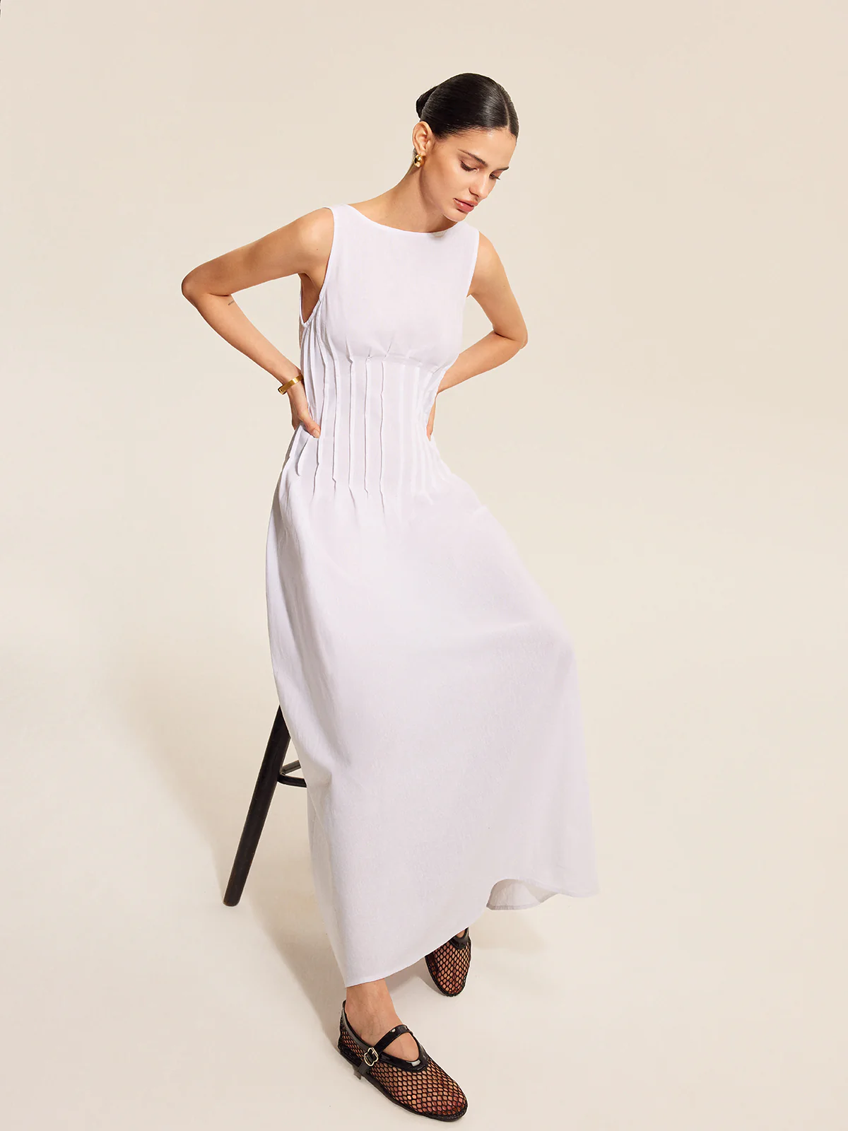 Cotton & Linen Pleated Sleeveless Dress - Takermore