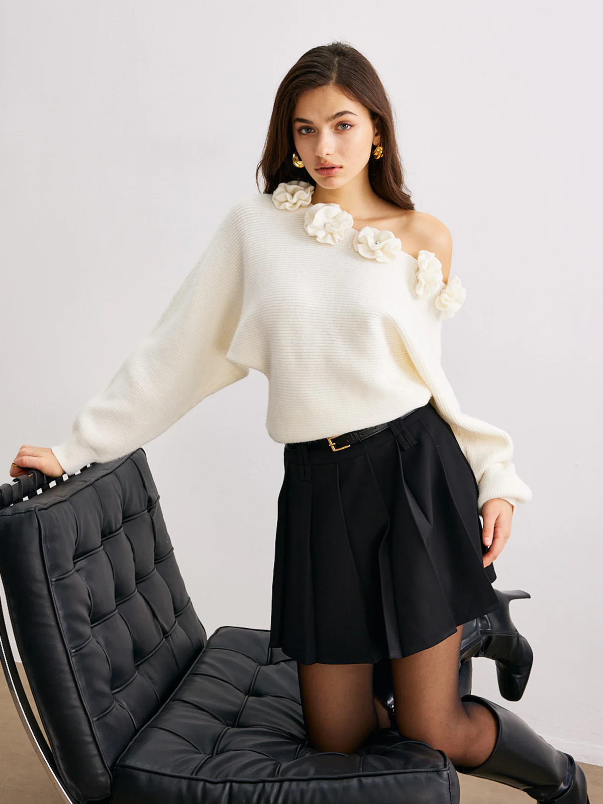 3D Flower Cold-Shoulder Sweater - Takermore