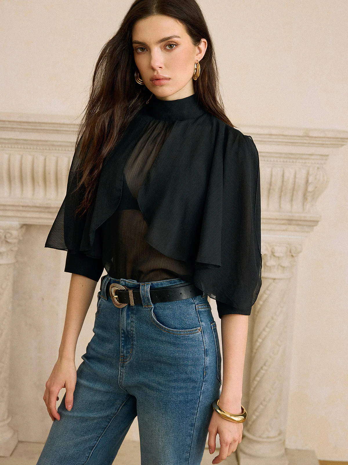 Sheer Chiffon Blouse with Back Bow Detail - Takermore