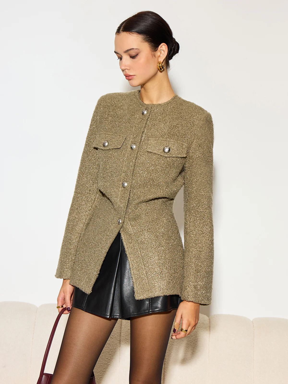 Crew Neck Button Down Tweed Coat - Takermore