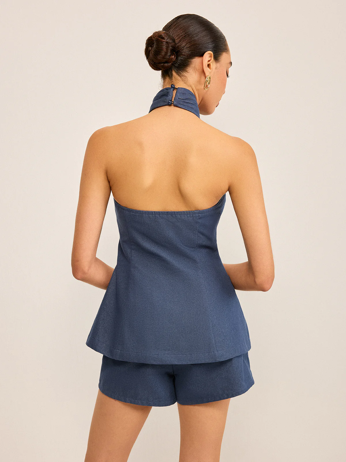 Metal Button Halter Neck Top with Shorts Set - Takermore