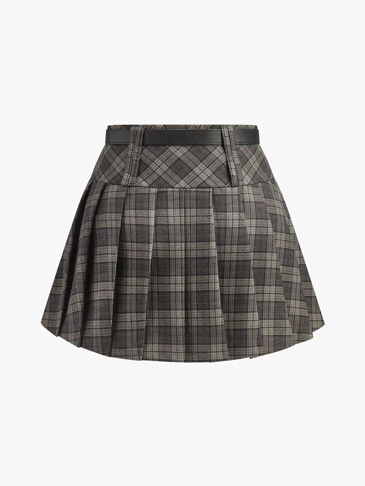 Mid-Waist Checked Pleated Skirt With Belt - Takermore