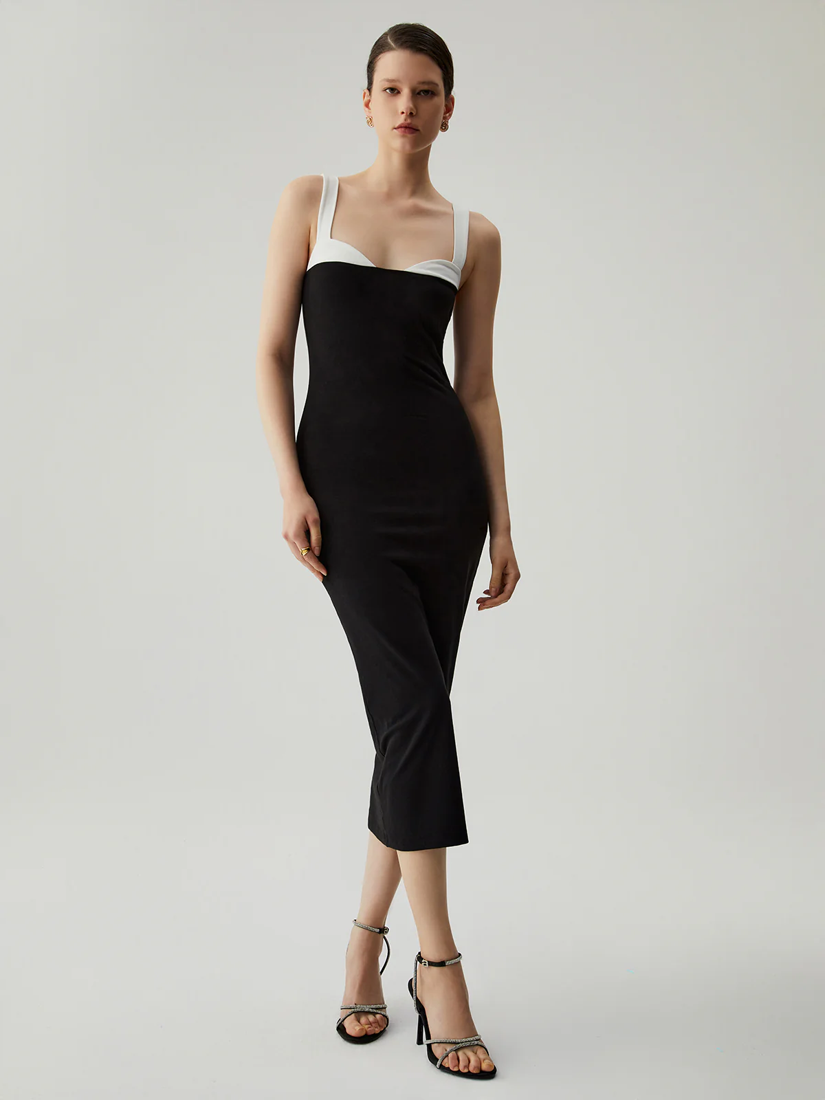 Bodycon Patchwork Sweetheart Collar Cami Midi Dress - Takermore