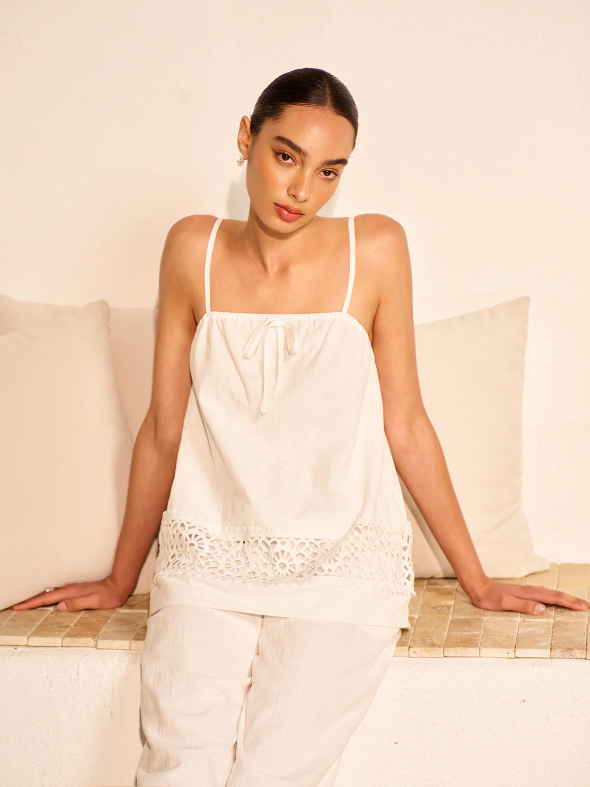 Cotton Pants Set With Lace Panels - Takermore