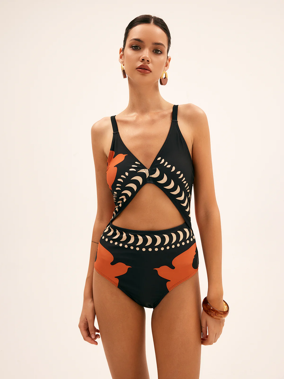 Bird Print Cutout One Piece Swimsuit - Takermore
