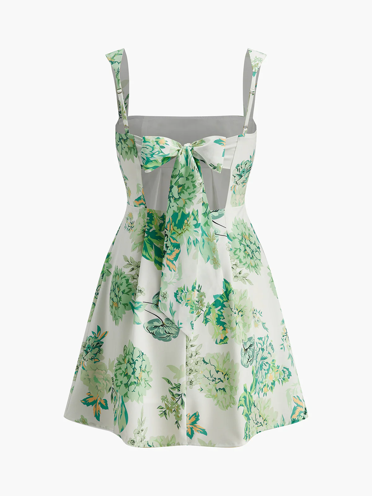 Square Neck Backless Bow Floral Dress - Takermore