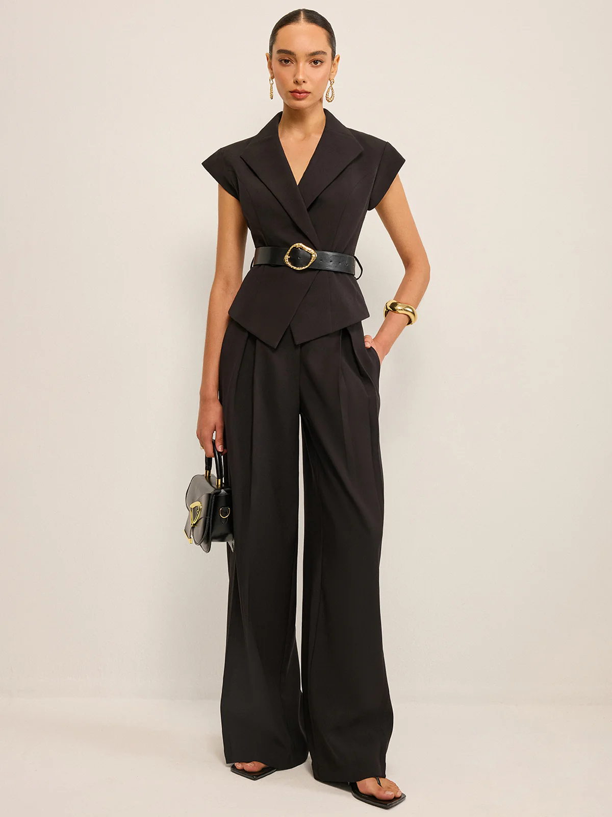 Belted Peplum Vest with Metal Buckle Detail - Takermore